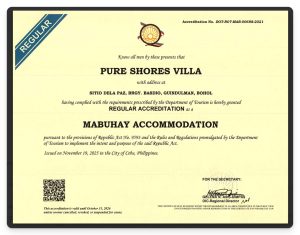 DOT accreditation certificate – Pure Shores Villa, Accreditation No. DOT-RO7-MAB-00688-2021, valid until October 31, 2026.